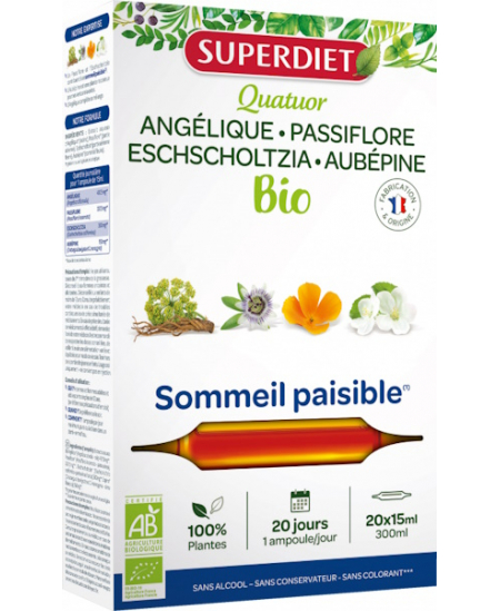 Super Diet - Quatuor Angélique Passiflore Escholtzia Aubépine - 20 ampoules de 15ml Super Diet - Quatuor Angélique Passiflore Escholtzia Aubépine - 20 ampoules de 15ml