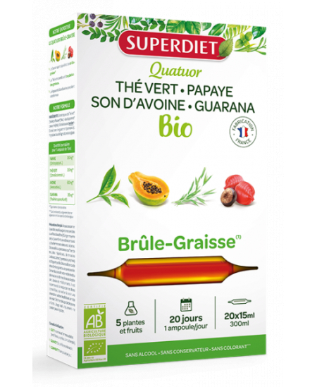 Super Diet - Quatuor brule graisse bio Guarana Thé vert Papaye Son d'avoine Bio - 20 ampoules de 15ml Espritphyto