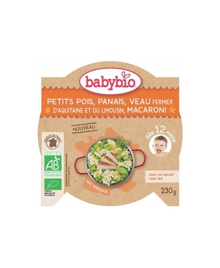 Babybio - Assiette Petits Pois Panais Veau et Macaroni dès 12 mois - 230 gr Babybio - Assiette Petits Pois Panais Veau et Macaroni dès 12 mois - 230 gr