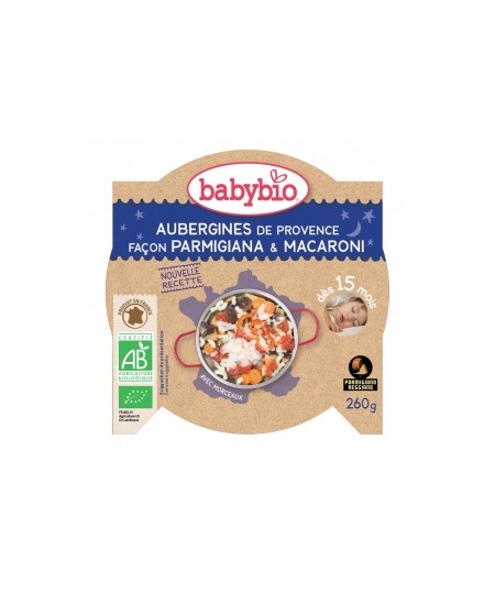Babybio - Menu Bonne Nuit Aubergines de Provence Parmigiana Macaronis dès 15 mois - 260 gr Babybio - Menu Bonne Nuit Aubergines de Provence Parmigiana Macaronis dès 15 mois - 260 gr