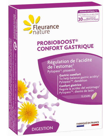 Probioboost confort gastrique - 15 comprimés - Fleurance Nature lactobacillus reuteri racine de pissenlit Probioboost confort gastrique - 15 comprimés - Fleurance Nature lactobacillus reuteri racine de pissenlit