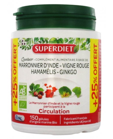 Super Diet - Quatuor Circulation Marronnier Vigne Rouge Hamamélis Ginkgo - 150 gélules Super Diet - Quatuor Circulation Marronnier Vigne Rouge Hamamélis Ginkgo - 150 gélules