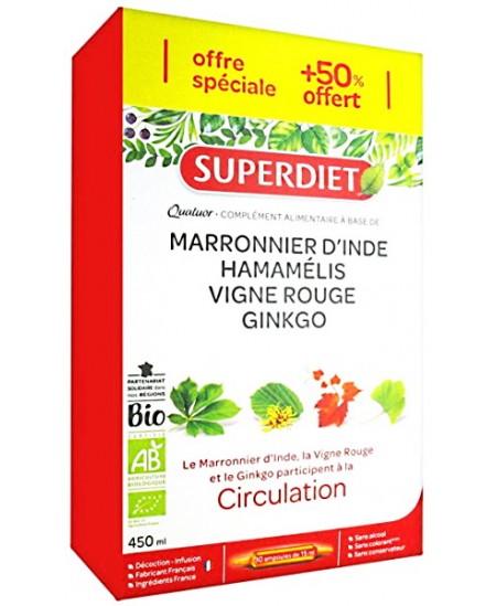 Quatuor Circulation Bio - 20 ampoules + 10 offertes - Super Diet vigne rouge Ginkgo biloba marronnier hamamélis Quatuor Circulation Bio - 20 ampoules + 10 offertes - Super Diet vigne rouge Ginkgo biloba marronnier hamamélis