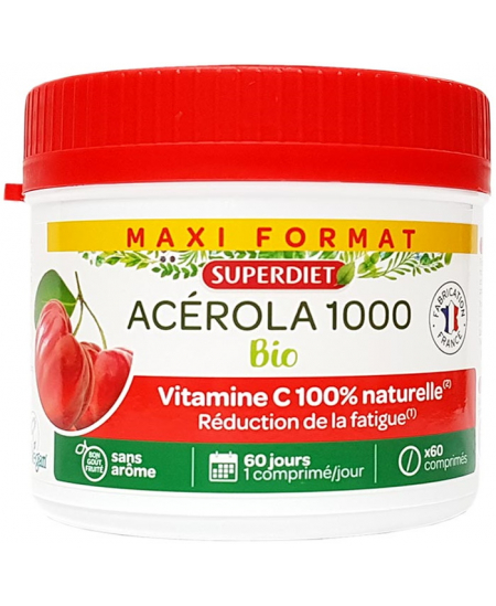 Acérola Bio 1000 Vitamine C maxi pot 60 comprimés Super Diet Complément alimentaire Espritphyto Acérola Bio 1000 Vitamine C maxi pot 60 comprimés Super Diet Complément alimentaire Espritphyto
