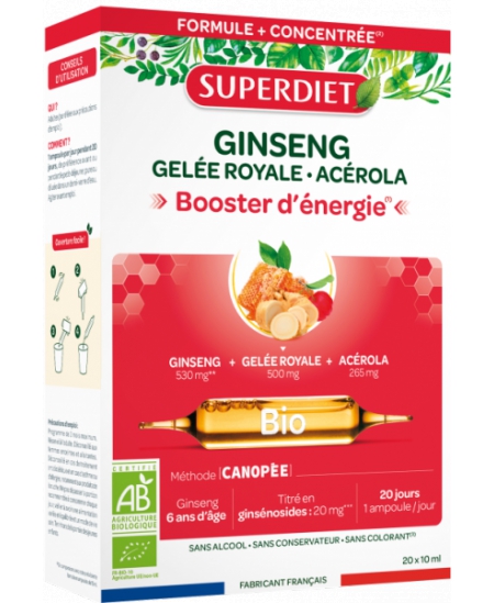 Ginseng Gelée Royale Acérola bio 20 ampoules de 15ml Super Diet Tonus anti-stress Espritphyto