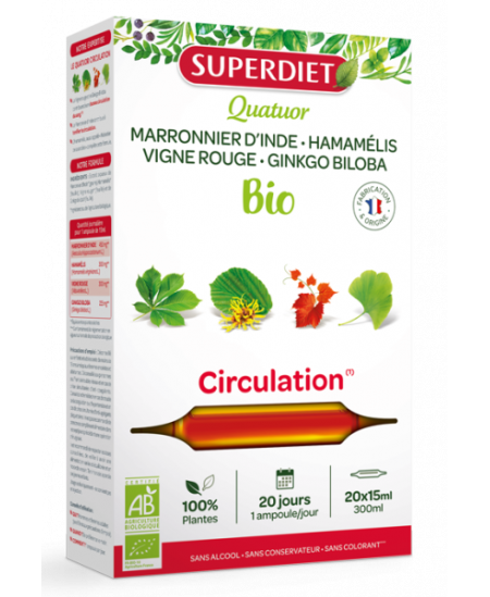 Super Diet - Marronnier d'Inde Hamamélis Bio Vigne rouge Ginkgo -  20 ampoules circulation Espritphyto