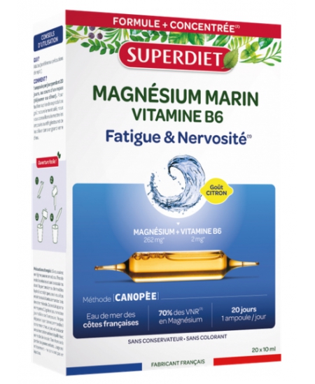 Super Diet - Magnésium Marin et Vitamine B6 20 ampoules de 15 ml nervosité conditions psychologiques Espritphyto