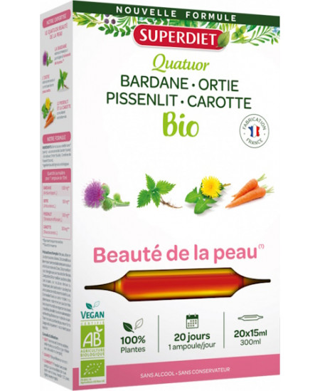 Super Diet - Quatuor Beauté de la peau Bio - 20 ampoules de 15 ml bardane Ortie Espritphyto Super Diet - Quatuor Beauté de la peau Bio - 20 ampoules de 15 ml bardane Ortie Espritphyto