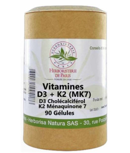 Herboristerie de Paris Vitamine D3 2000UI Vitamine K2 90 gélules ossature calcium phosphore Espritphyto