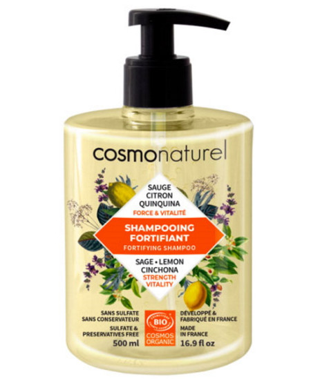 Shampooing Fortifiant Quinquina Sauge Citron 500ml Cosmo Naturel force brillance Espritphyto