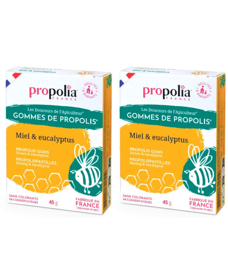 Propolia Gommes de Propolis Miel et Eucalyptus Lot de 2 boîtes de 45g propolis purifiée française Espritphyto Propolia Gommes de Propolis Miel et Eucalyptus Lot de 2 boîtes de 45g propolis purifiée française Espritphyto