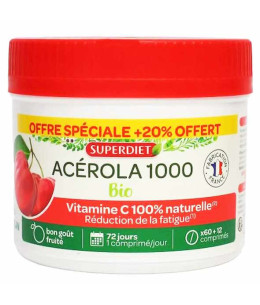 Super Diet Acérola Bio 1000 Vitamine C avec 20pc offert maxi pot de 72 comprimés Complément alimentaire Espritphyto