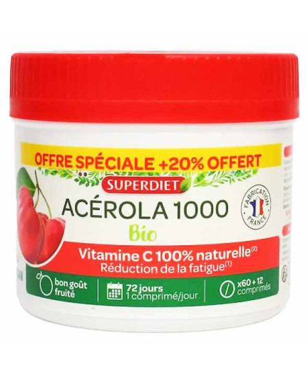 Super Diet Acérola Bio 1000 Vitamine C avec 20pc offert maxi pot de 72 comprimés Complément alimentaire Espritphyto Super Diet Acérola Bio 1000 Vitamine C avec 20pc offert maxi pot de 72 comprimés Complément alimentaire Espritphyto