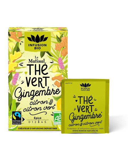 Thé vert le matinal Gingembre bio Citron bio Citron vert bio 16 sachets Romon Nature
