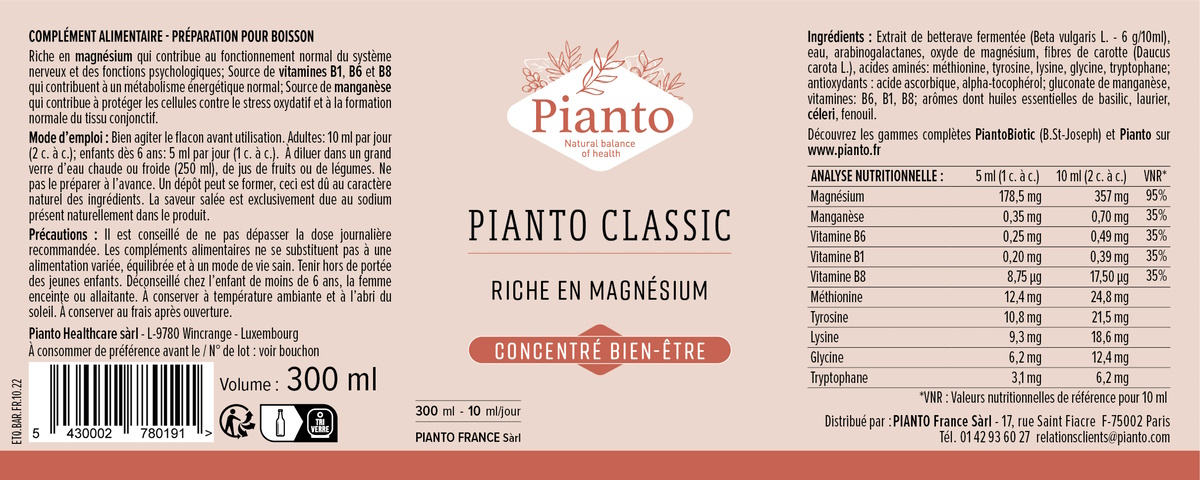 Le Pianto Classic est une préparation pour boisson, véritable concentré bien-être, riche en magnésium